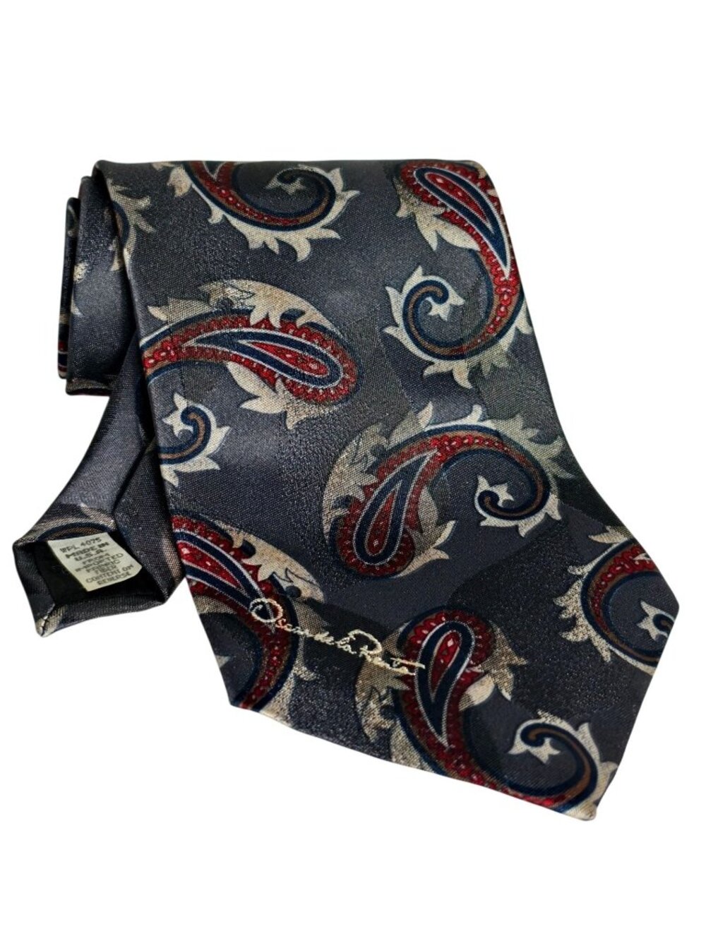 Oscar De La Renta Mens Necktie Paisley 100% Silk Gray Gold Red Made In USA